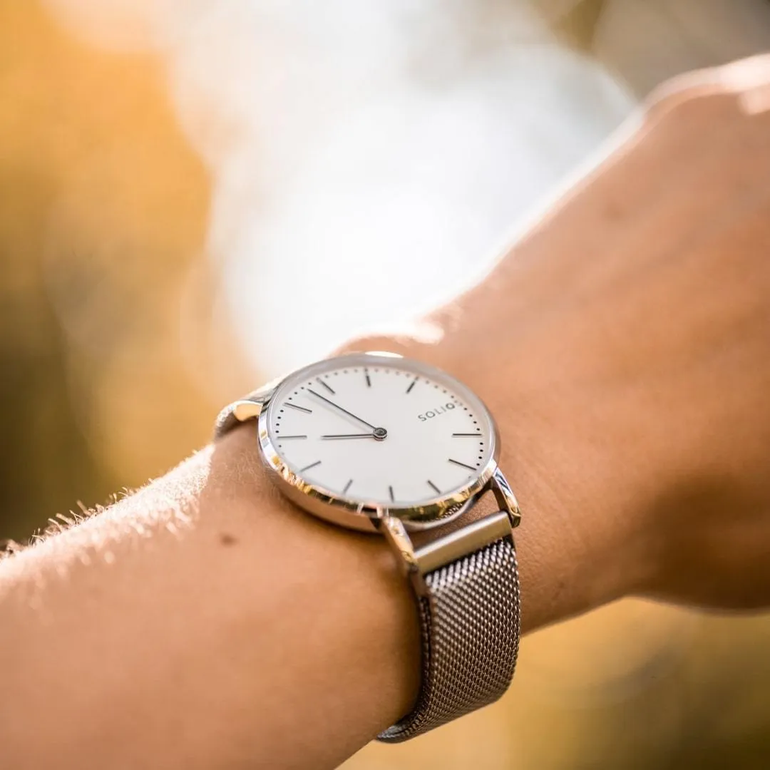 Solar Watch with White & Silver Dial | Blue Mesh Strap