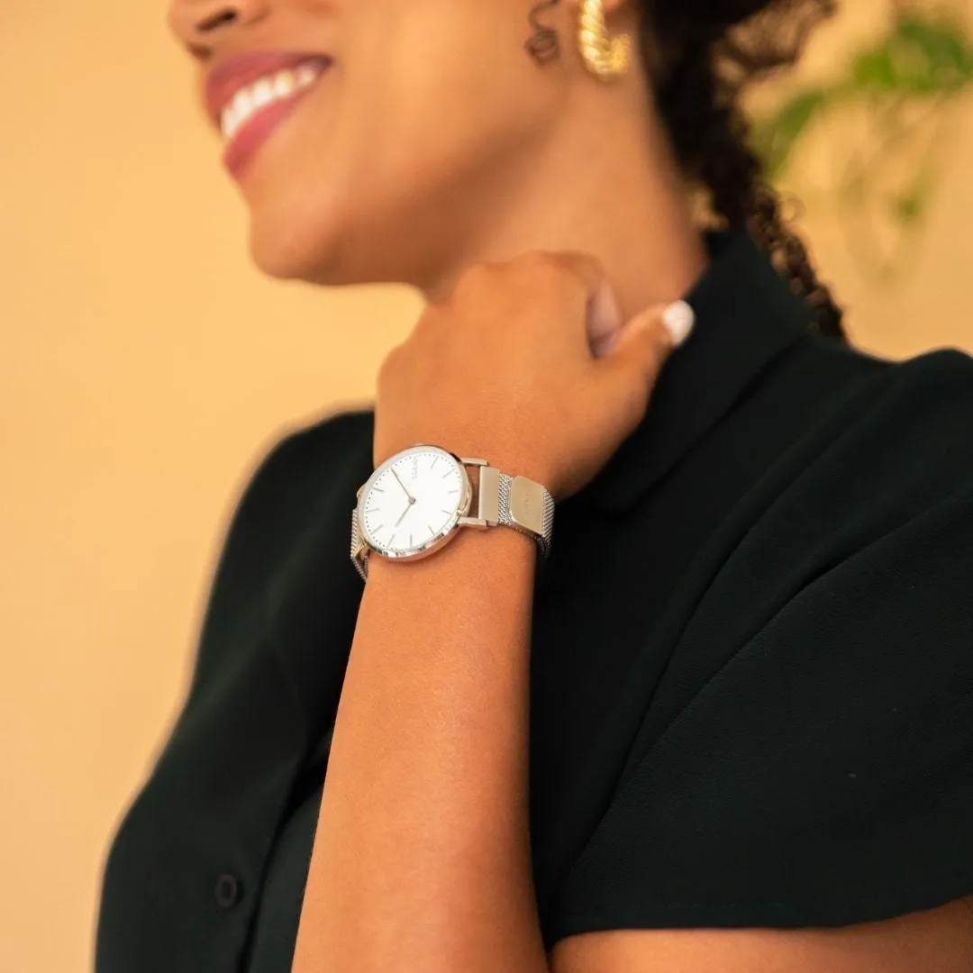 Solar Watch with White & Silver Dial | Blue Mesh Strap