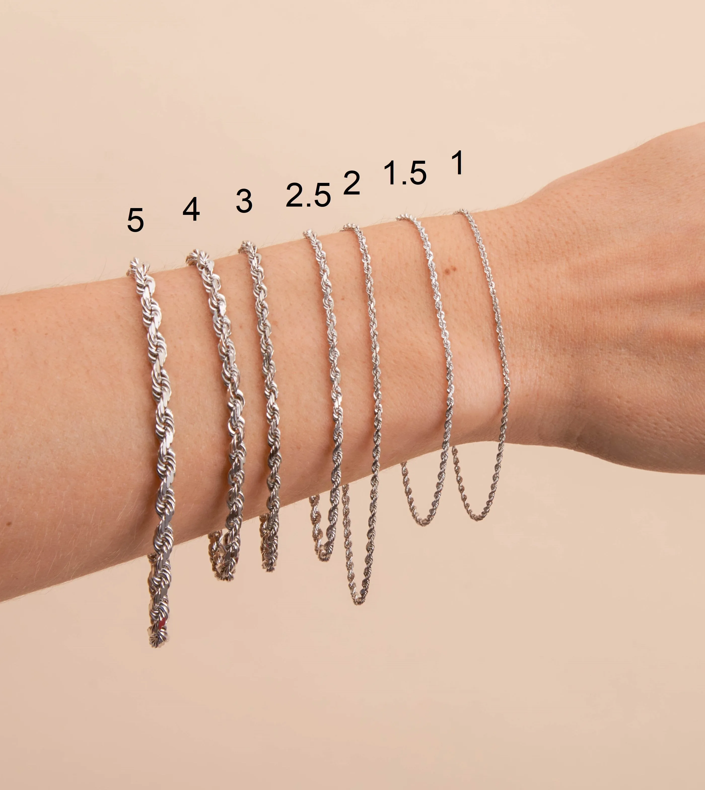 Solid 14k White Gold Rope Chain Bracelet