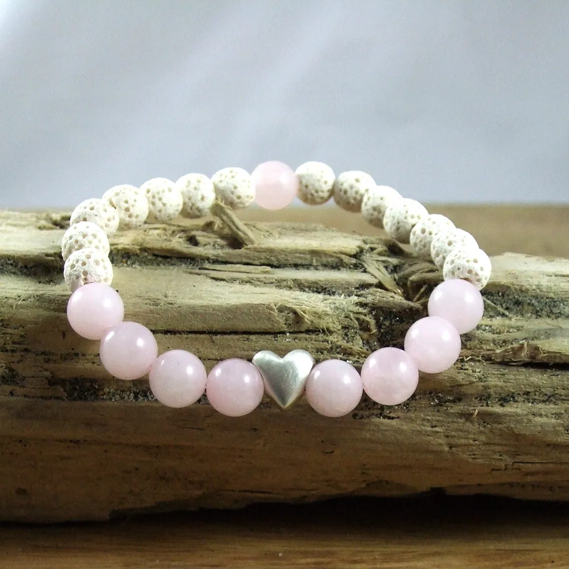 Solid Sterling Silver Heart - Gemstone and Lava Bead Diffuser Bracelet