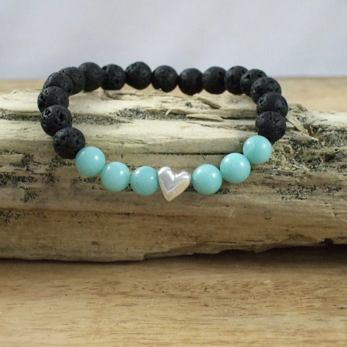 Solid Sterling Silver Heart - Gemstone and Lava Bead Diffuser Bracelet