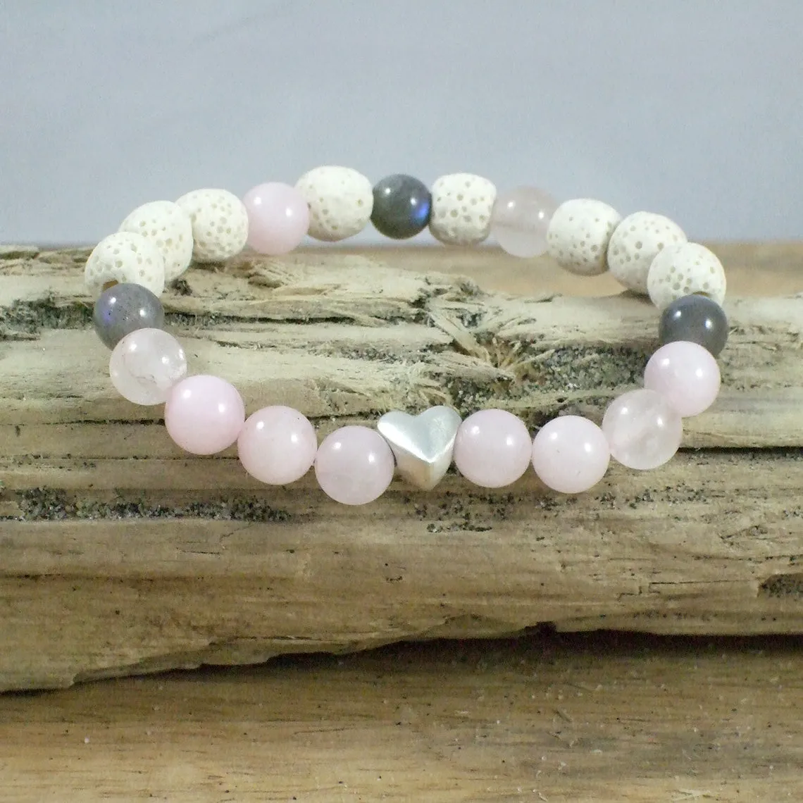 Solid Sterling Silver Heart - Gemstone and Lava Bead Diffuser Bracelet