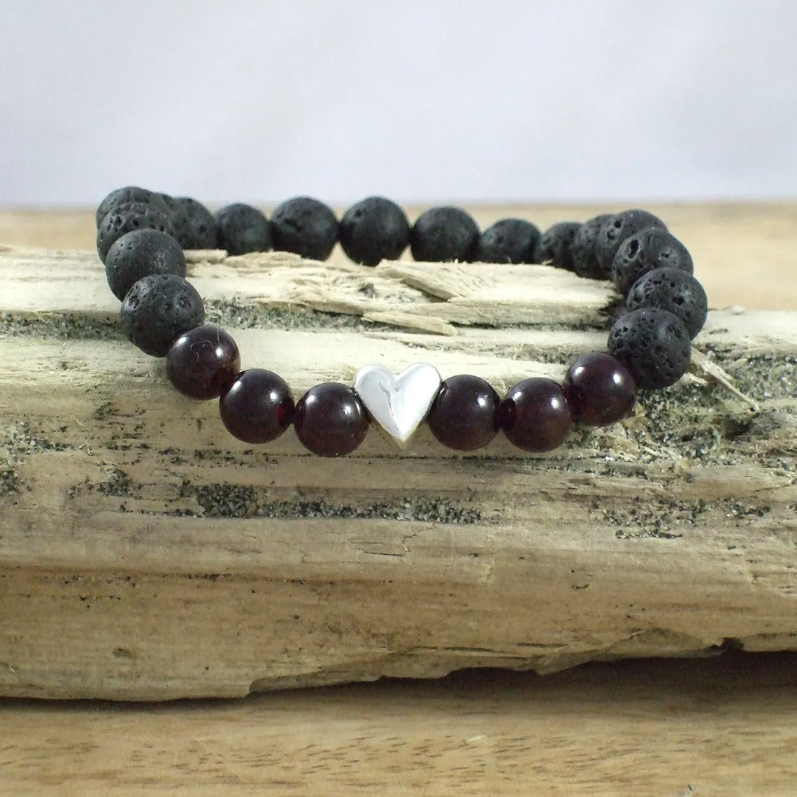 Solid Sterling Silver Heart - Gemstone and Lava Bead Diffuser Bracelet