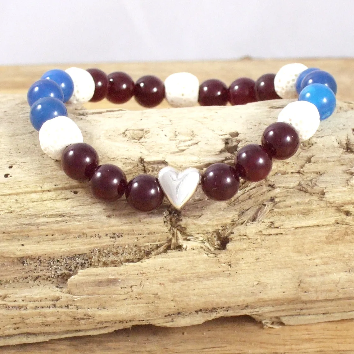 Solid Sterling Silver Heart - Gemstone and Lava Bead Diffuser Bracelet