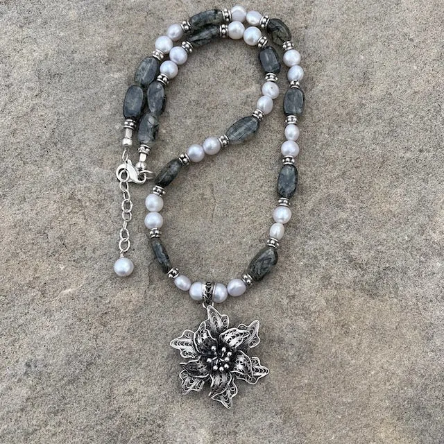 Sterling filigree flower pendant necklace with pearls and green rutilated quartz