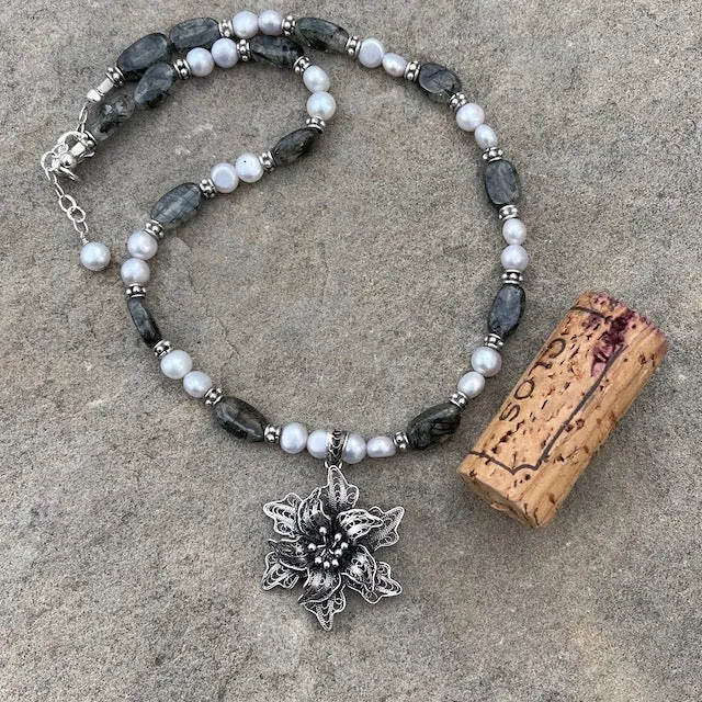 Sterling filigree flower pendant necklace with pearls and green rutilated quartz