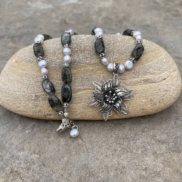 Sterling filigree flower pendant necklace with pearls and green rutilated quartz