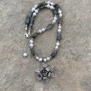 Sterling filigree flower pendant necklace with pearls and green rutilated quartz