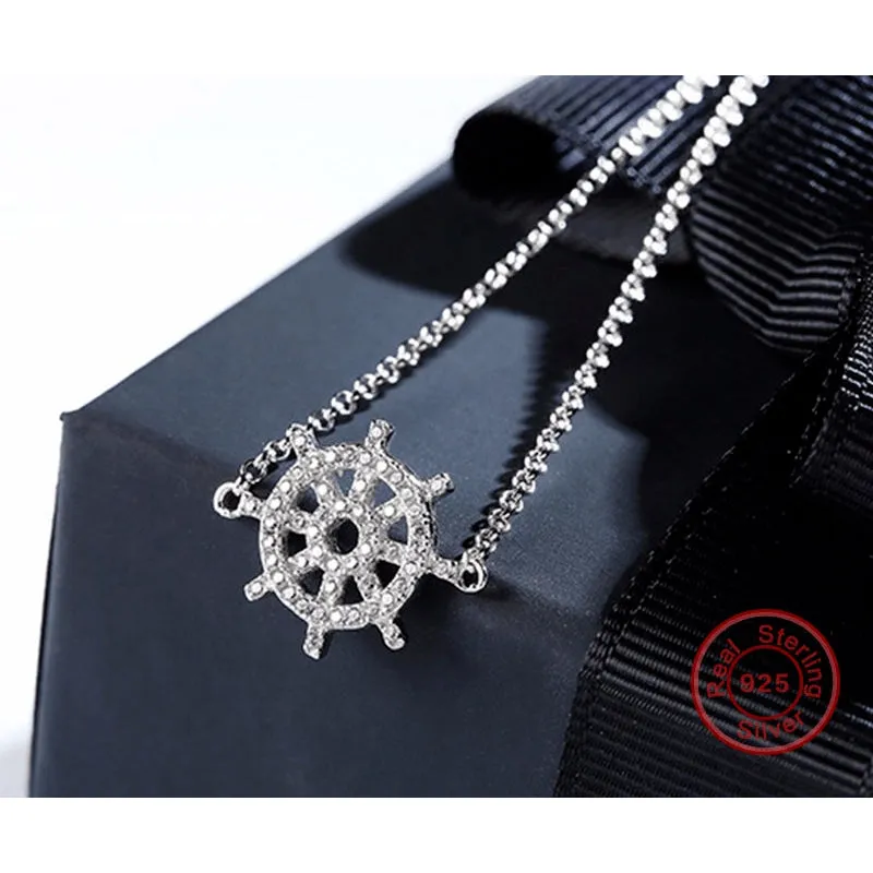Sterling Silver & Crystal Ship's Helm Fine Chain Anklet - 925