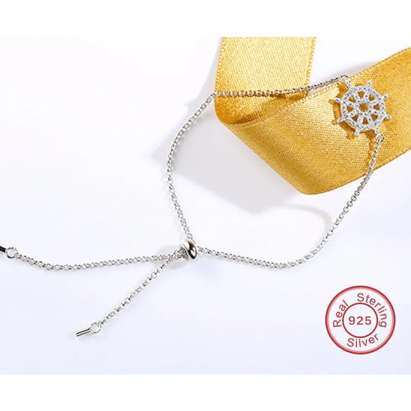 Sterling Silver & Crystal Ship's Helm Fine Chain Anklet - 925