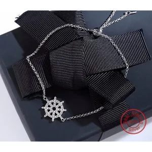 Sterling Silver & Crystal Ship's Helm Fine Chain Anklet - 925