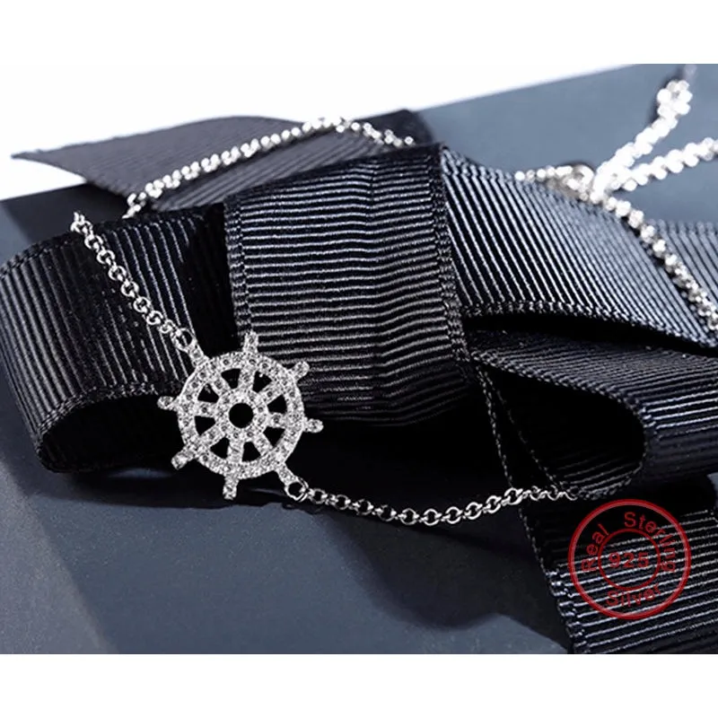 Sterling Silver & Crystal Ship's Helm Fine Chain Anklet - 925