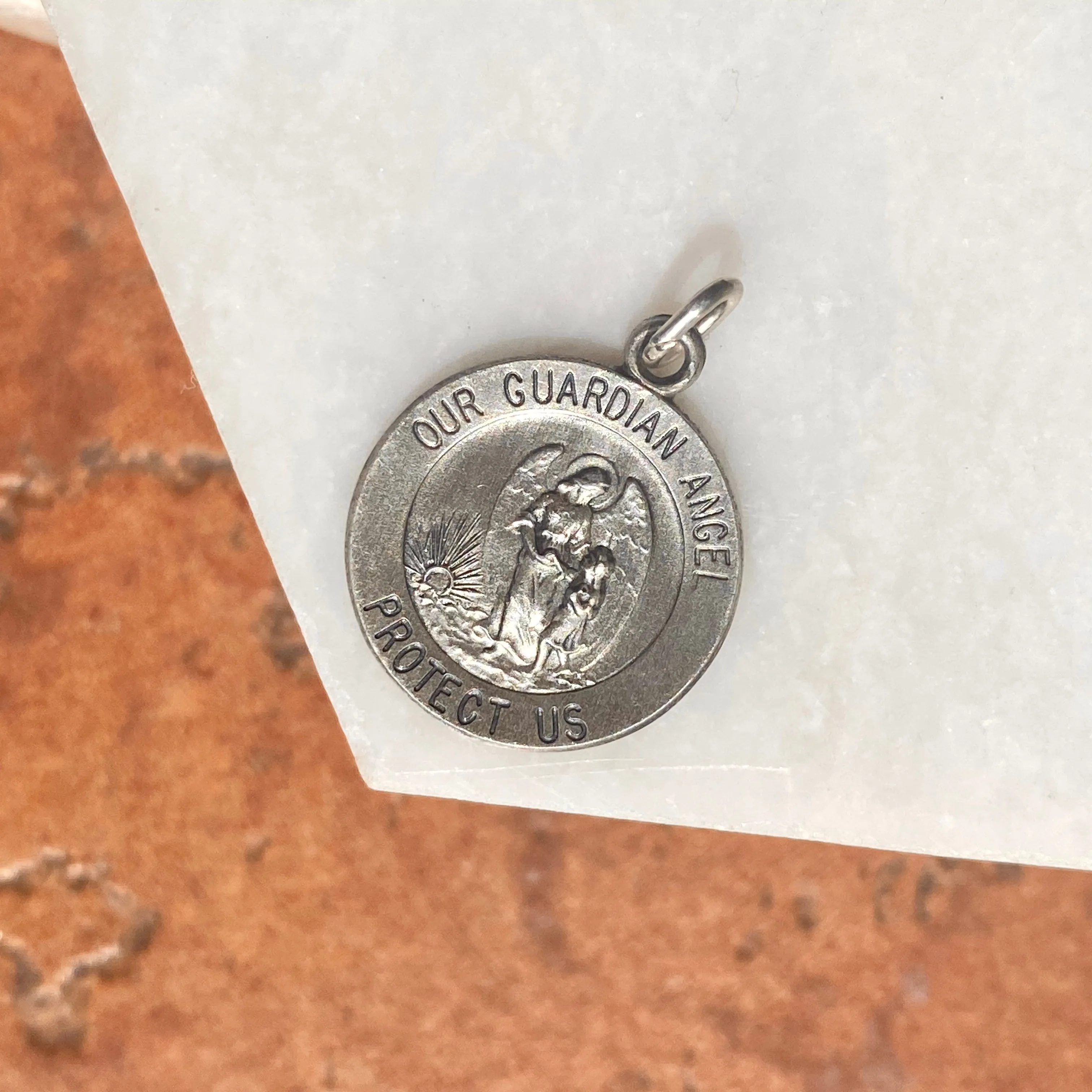 Sterling Silver Antiqued "Our Guardian Angel Protect Us" Round Medal Pendant 15mm