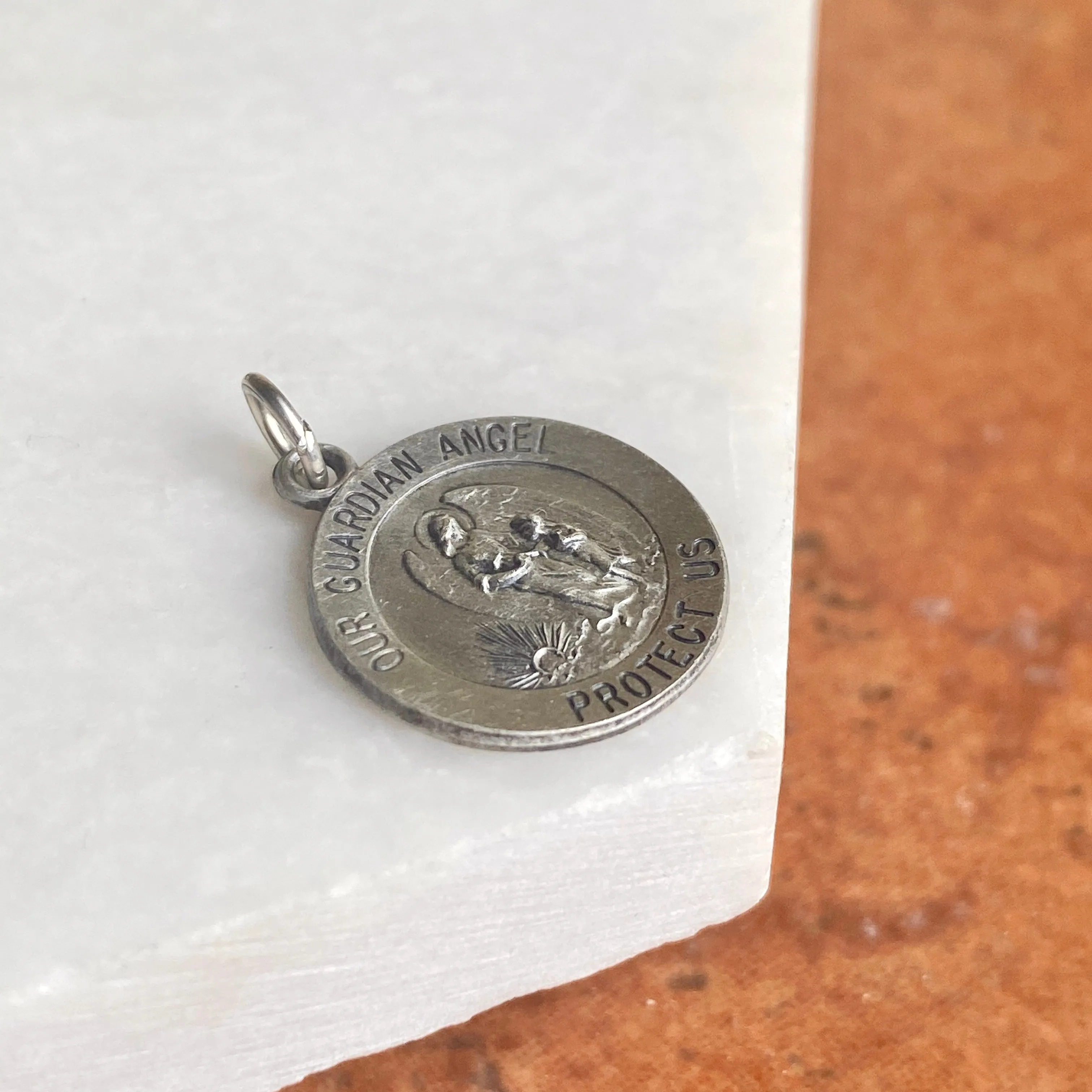 Sterling Silver Antiqued "Our Guardian Angel Protect Us" Round Medal Pendant 15mm