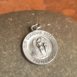 Sterling Silver Antiqued "Our Guardian Angel Protect Us" Round Medal Pendant 15mm