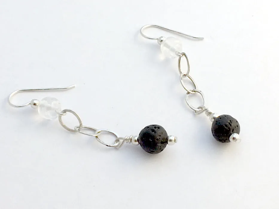 Sterling silver, Black Volcanic Scoria and Carved Quartz Crystal dangle earrings