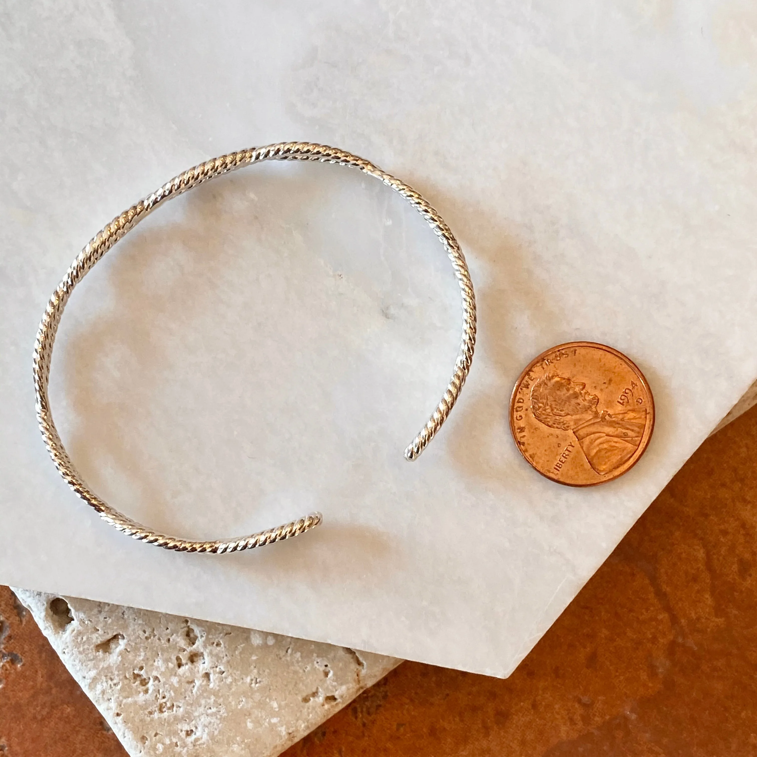 Sterling Silver Cable Rope Twist Open Bangle Bracelet