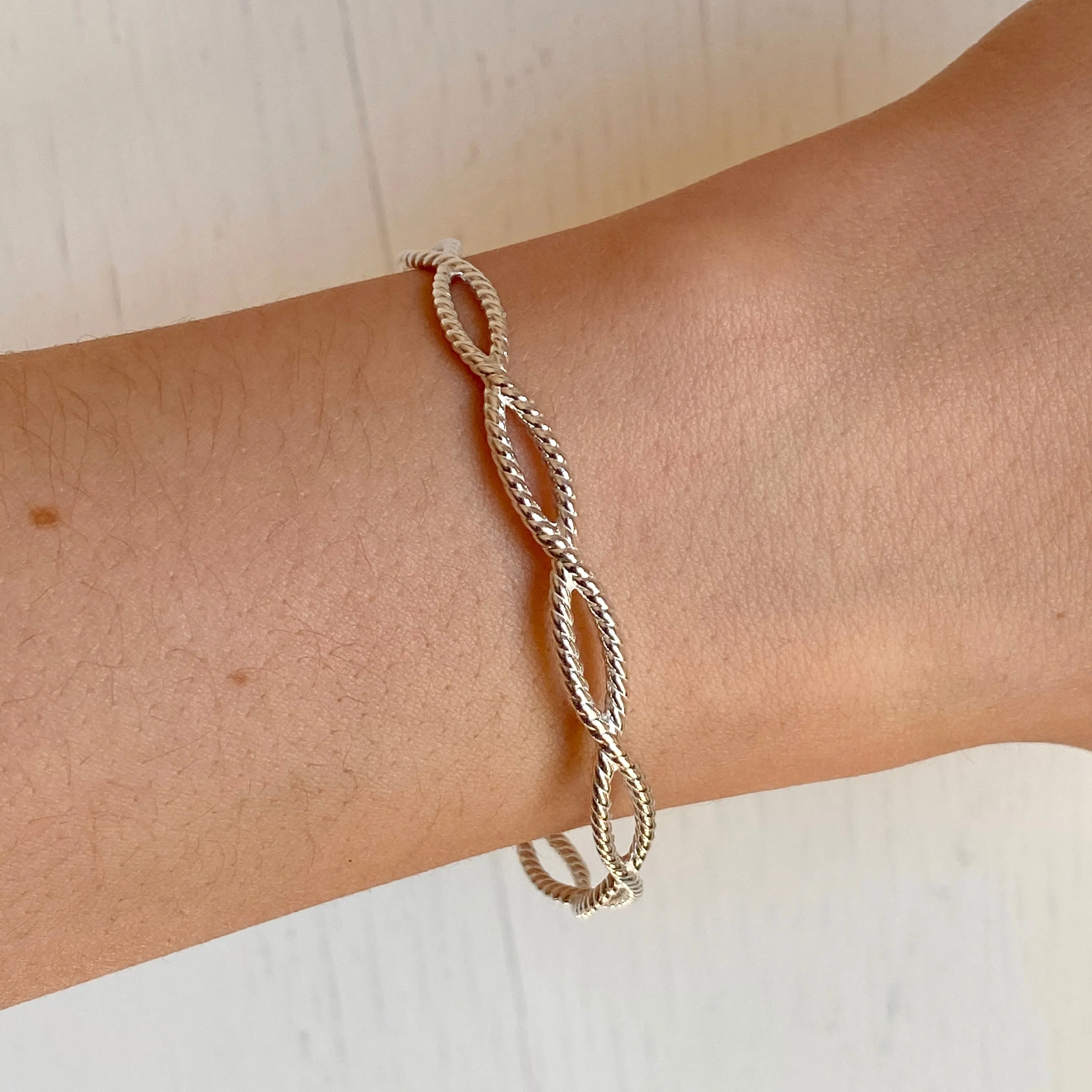 Sterling Silver Cable Rope Twist Open Bangle Bracelet