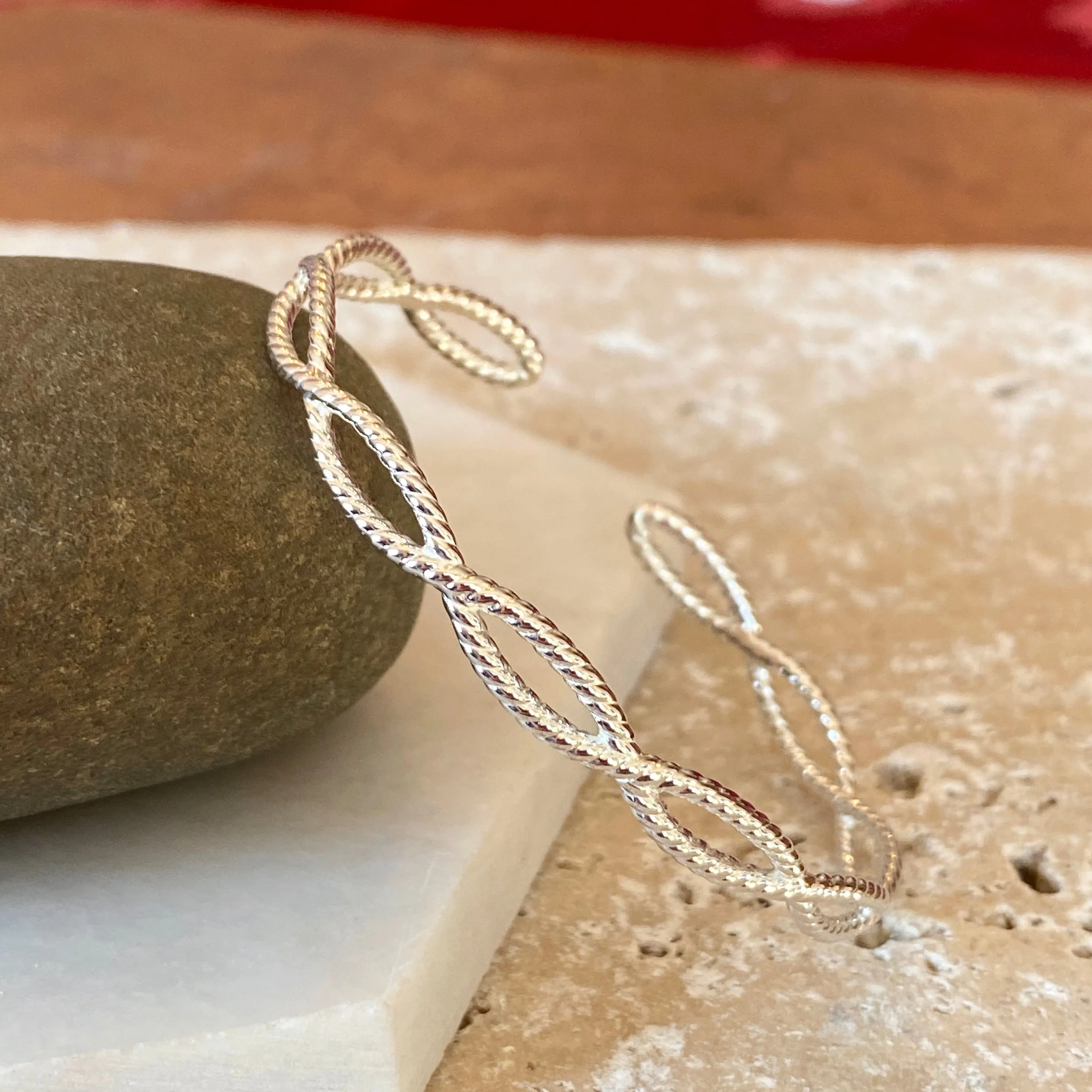 Sterling Silver Cable Rope Twist Open Bangle Bracelet