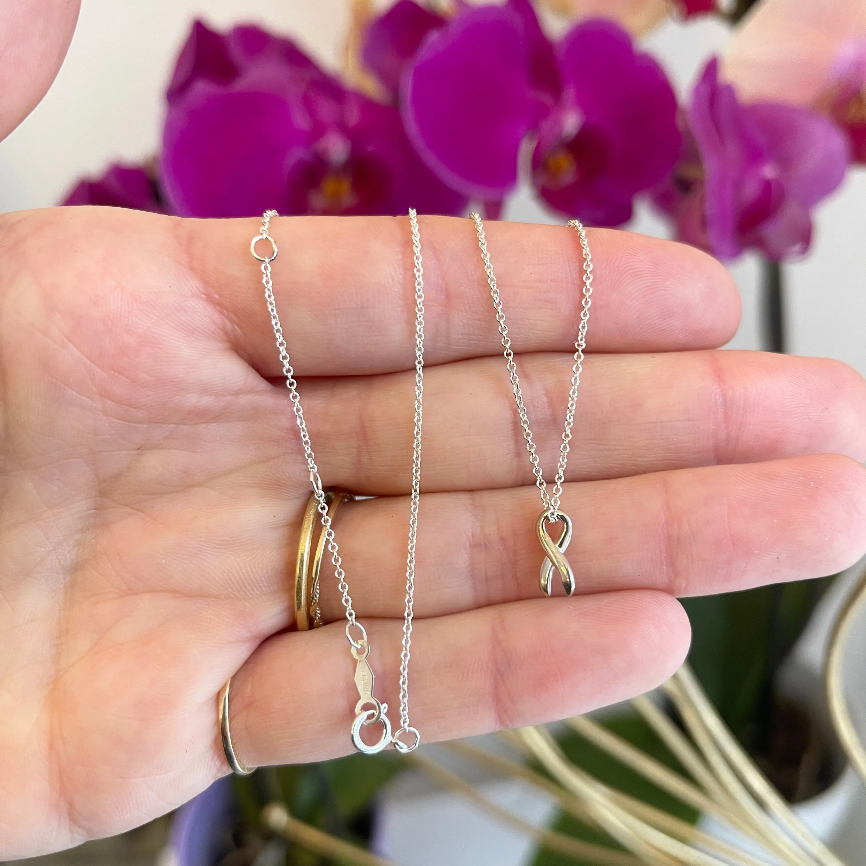 Sterling Silver Cancer Awareness Ribbon Pendant Chain Necklace