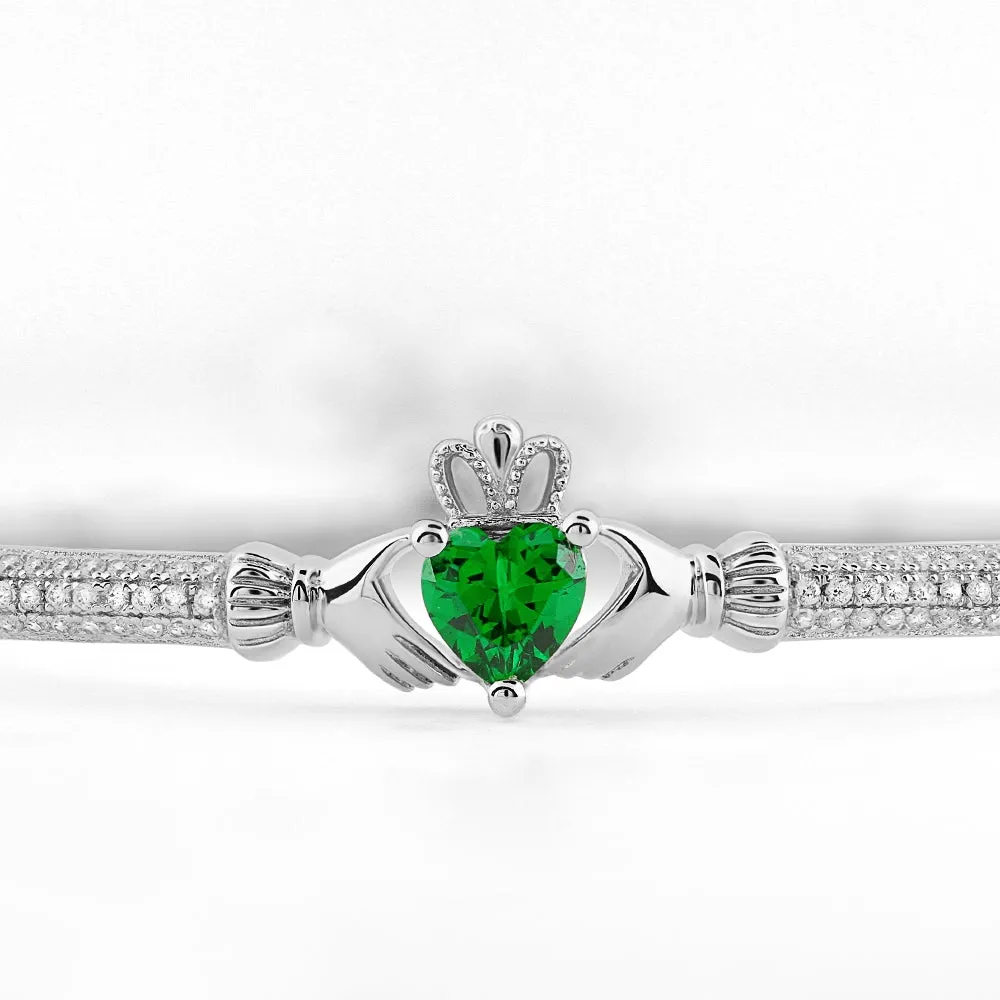 Sterling Silver Claddagh Bracelet with White and Green CZs SB-S5890