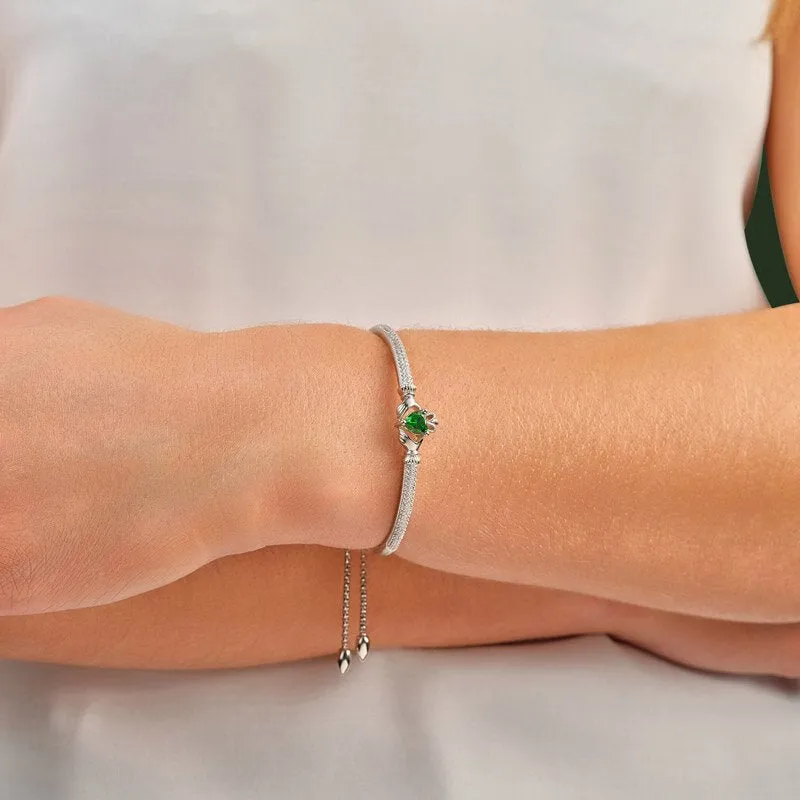 Sterling Silver Claddagh Bracelet with White and Green CZs SB-S5890