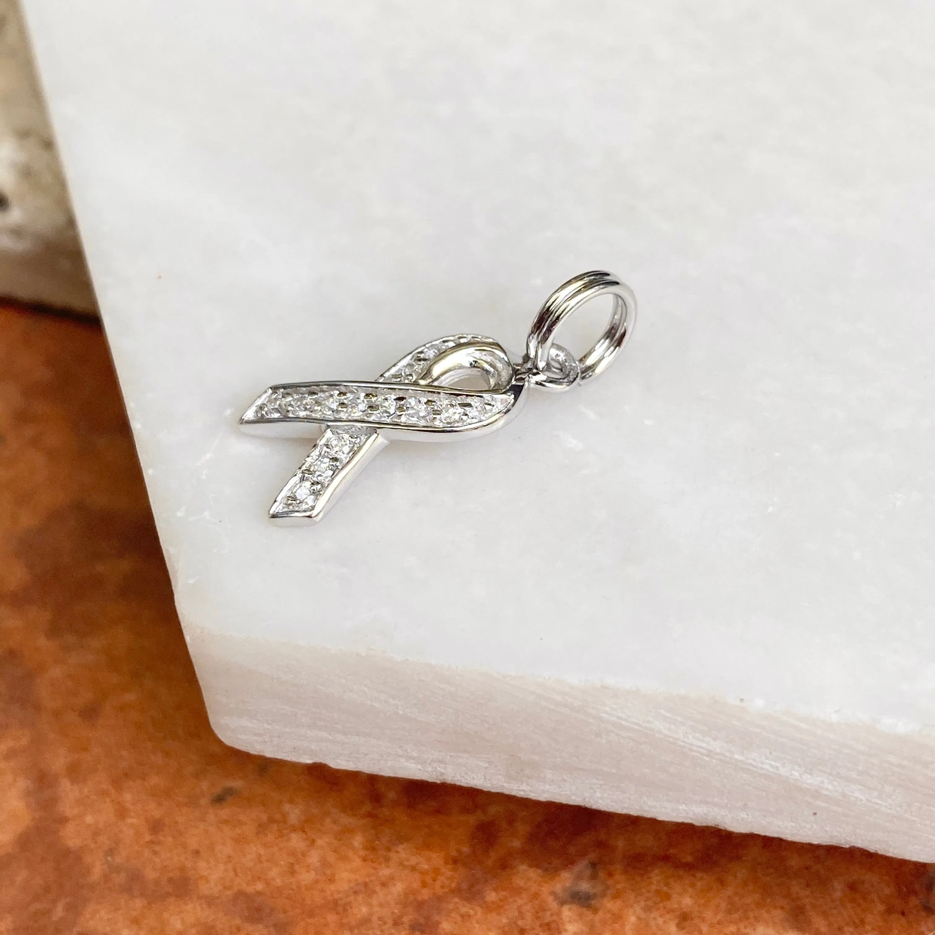 Sterling Silver CZ Breast Cancer Awareness Ribbon Pendant Charm