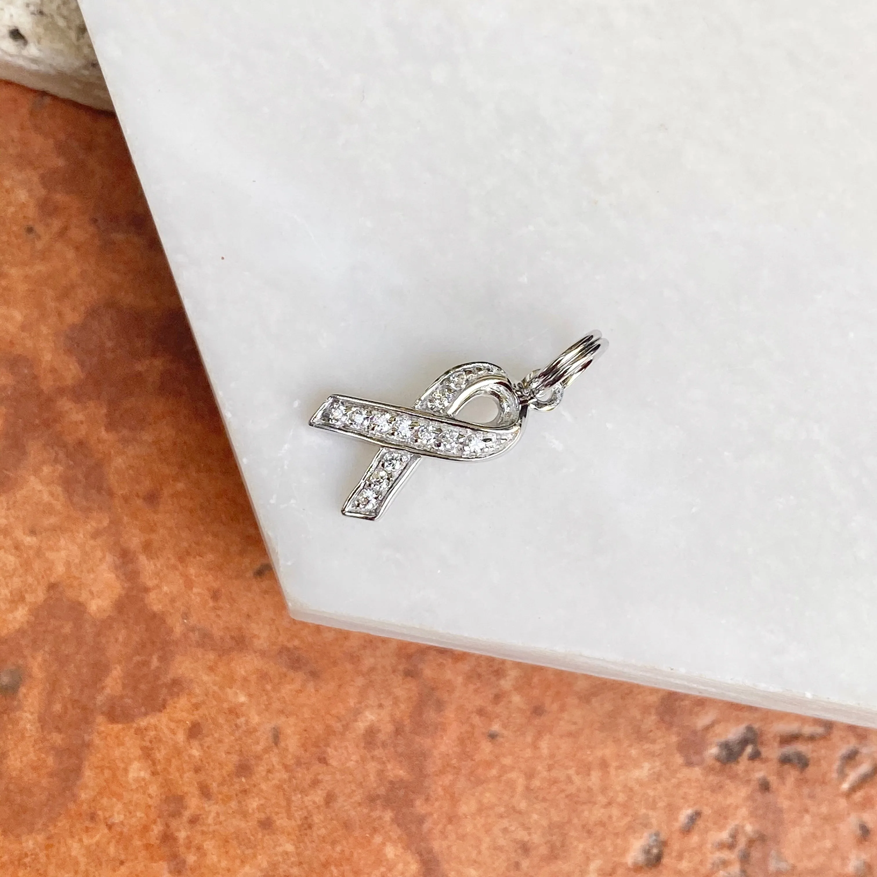 Sterling Silver CZ Breast Cancer Awareness Ribbon Pendant Charm