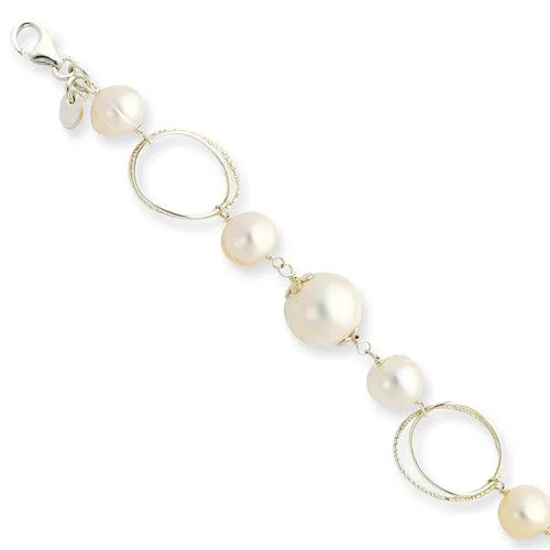 Sterling Silver Freshwater Pearl Oval Link Bracelet