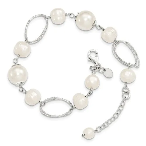 Sterling Silver Freshwater Pearl Oval Link Bracelet