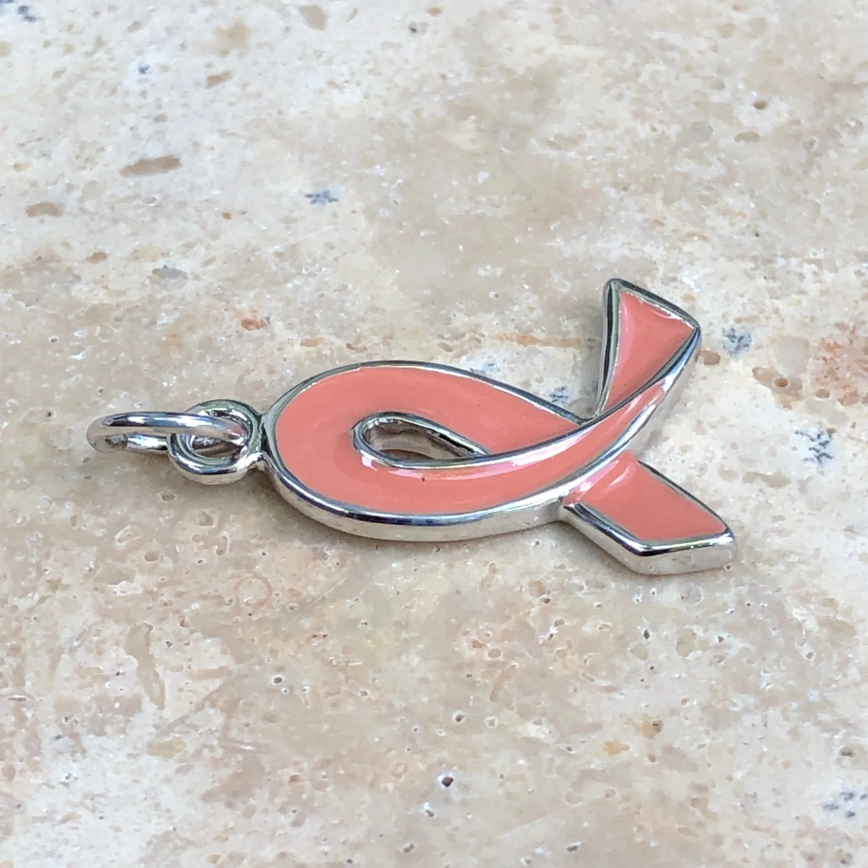 Sterling Silver Pink Enamel Breast Cancer Awareness Ribbon Pendant Charm