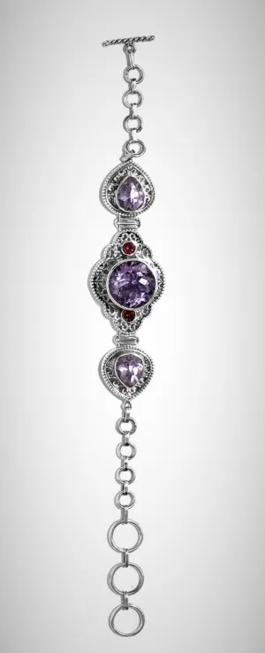Sterling Silver Rose De France Amethyst & Garnet Toggle Closure Bracelet (7.25 in)