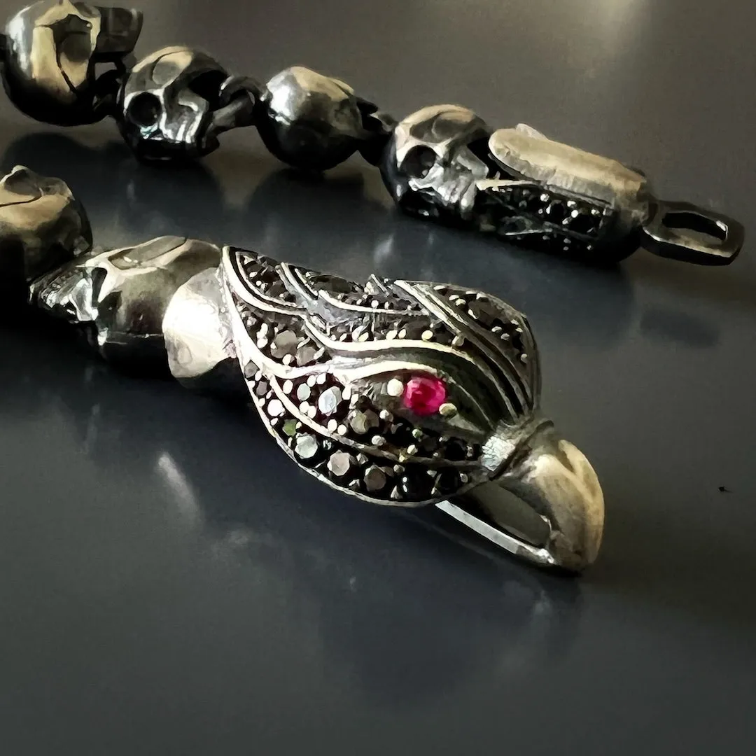 Sterling Silver Ruby Eye Eagle & Skull Bracelet