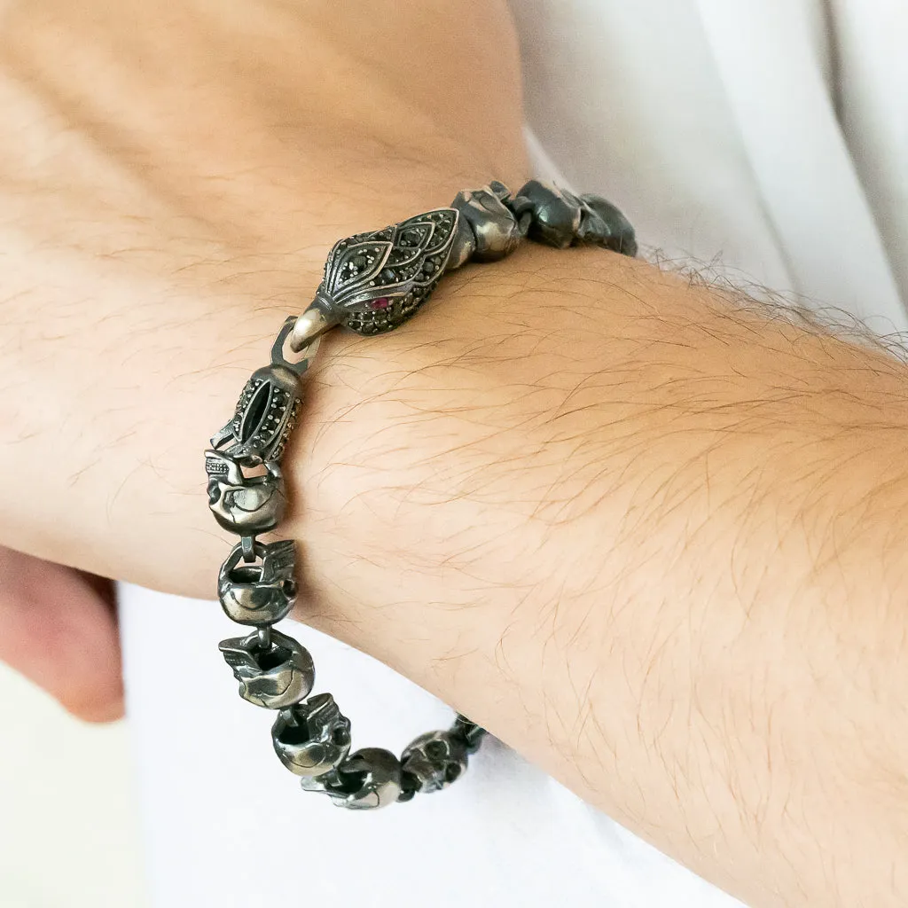 Sterling Silver Ruby Eye Eagle & Skull Bracelet