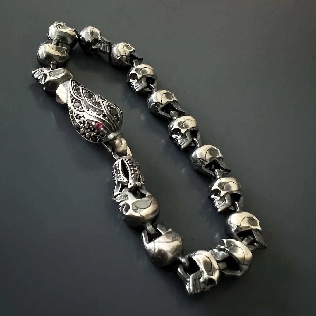 Sterling Silver Ruby Eye Eagle & Skull Bracelet