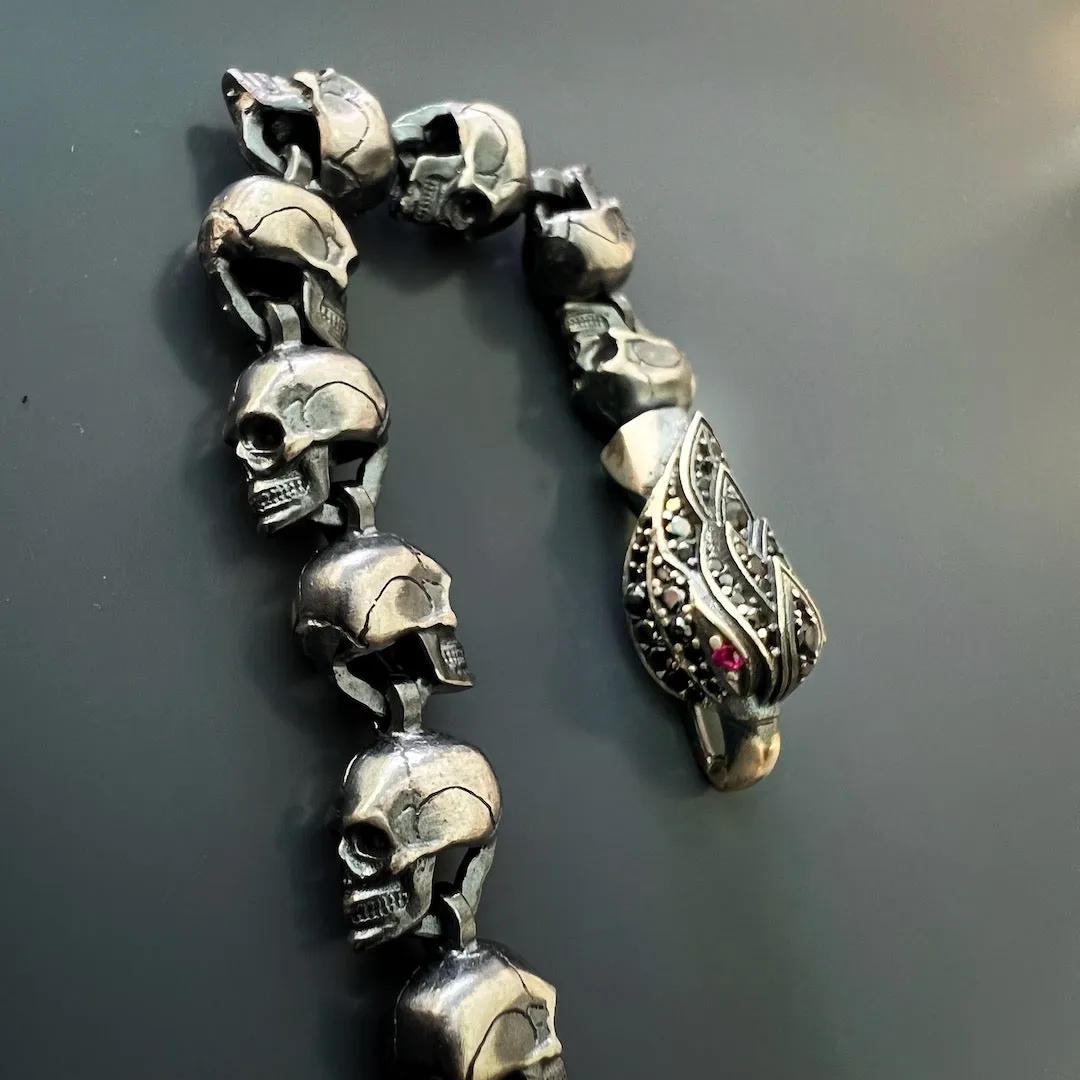 Sterling Silver Ruby Eye Eagle & Skull Bracelet