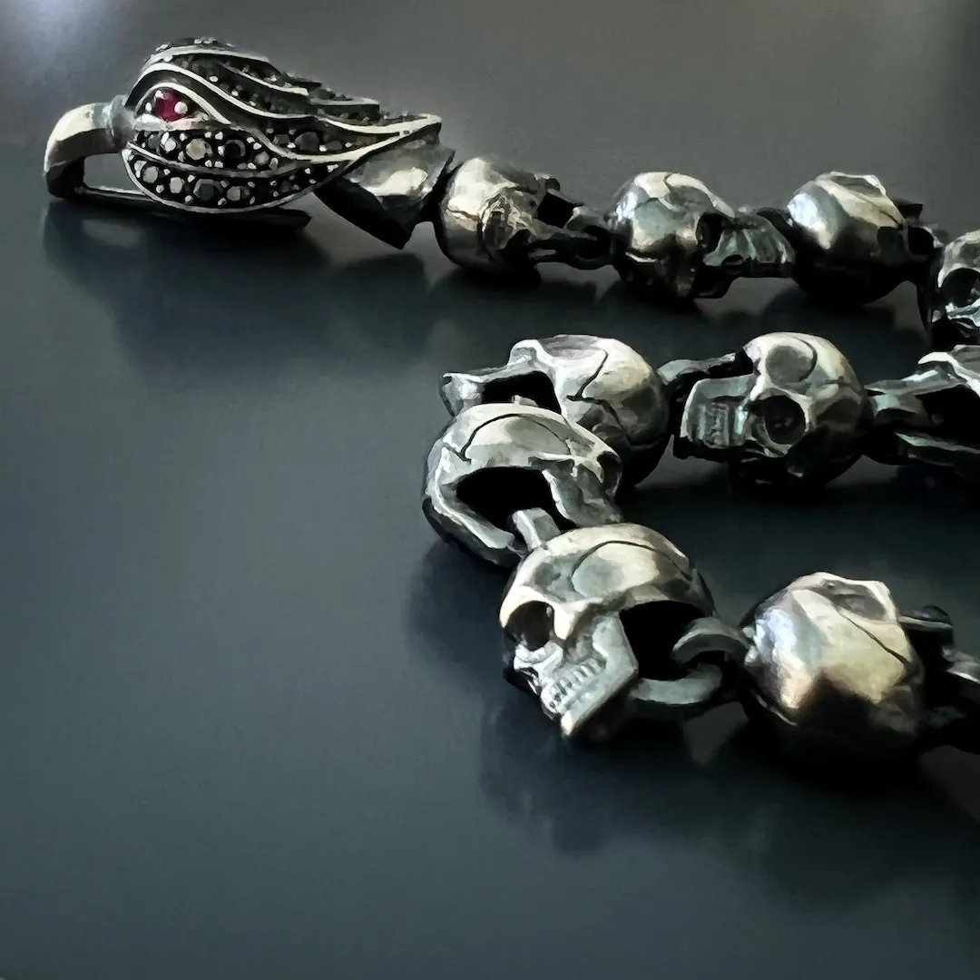 Sterling Silver Ruby Eye Eagle & Skull Bracelet