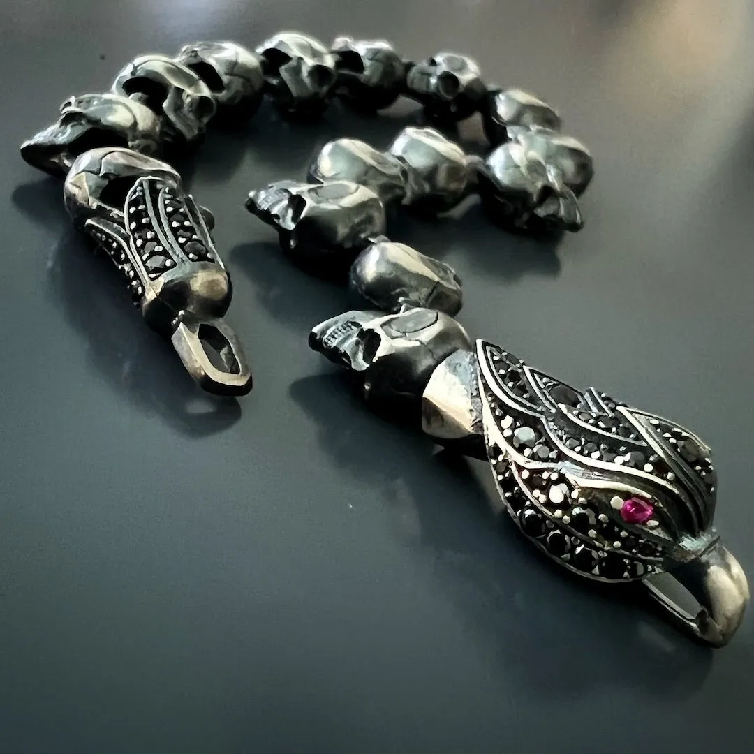 Sterling Silver Ruby Eye Eagle & Skull Bracelet