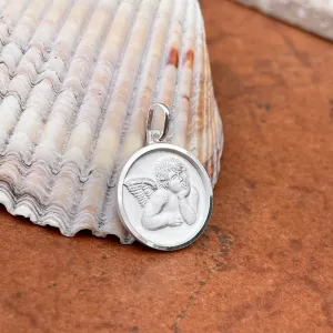 Sterling Silver Satin Guardian Angel Baby Raphael Round Medal Pendant 20mm