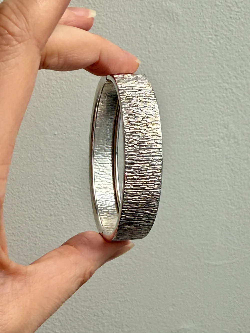 Swedish Vintage Textured Hinged Bangle in Silver- 7 inch interior circumference