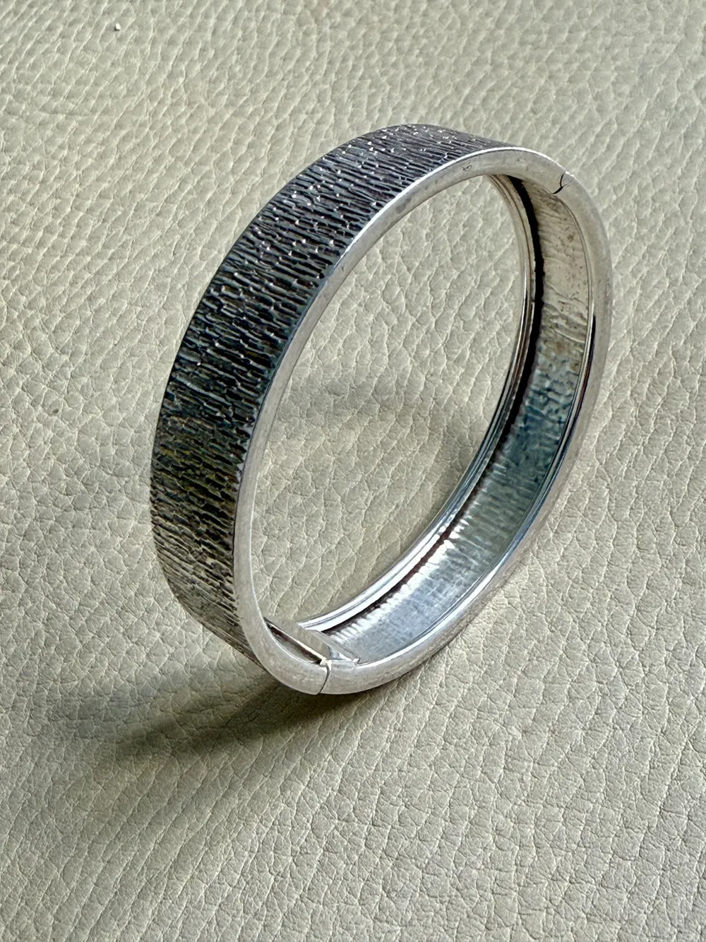 Swedish Vintage Textured Hinged Bangle in Silver- 7 inch interior circumference