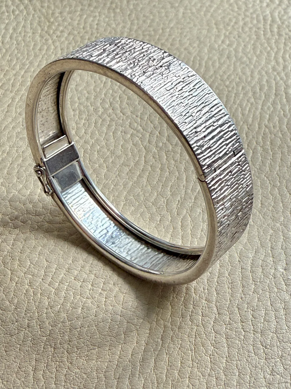 Swedish Vintage Textured Hinged Bangle in Silver- 7 inch interior circumference