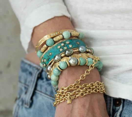 TAHITIAN PEARL AND ORGANIC CARVED BEAD PULL BRACELET