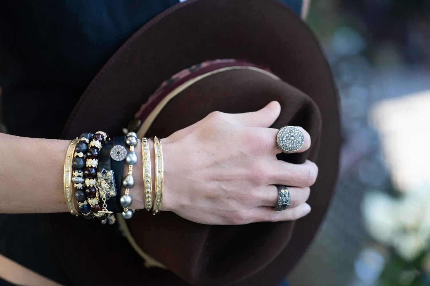 TAHITIAN PEARL AND ORGANIC CARVED BEAD PULL BRACELET