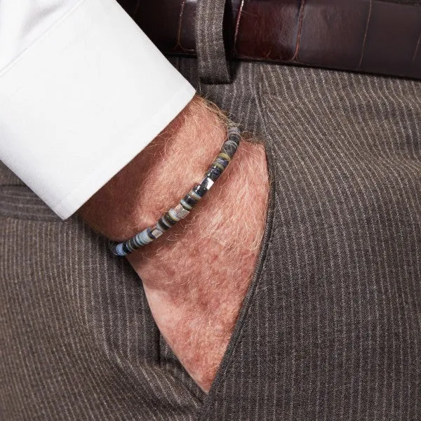 Tateossian Thinly Sliced Shells with Rhodium Plated Silver Cubes Bracelet, Blue, Black and Brown