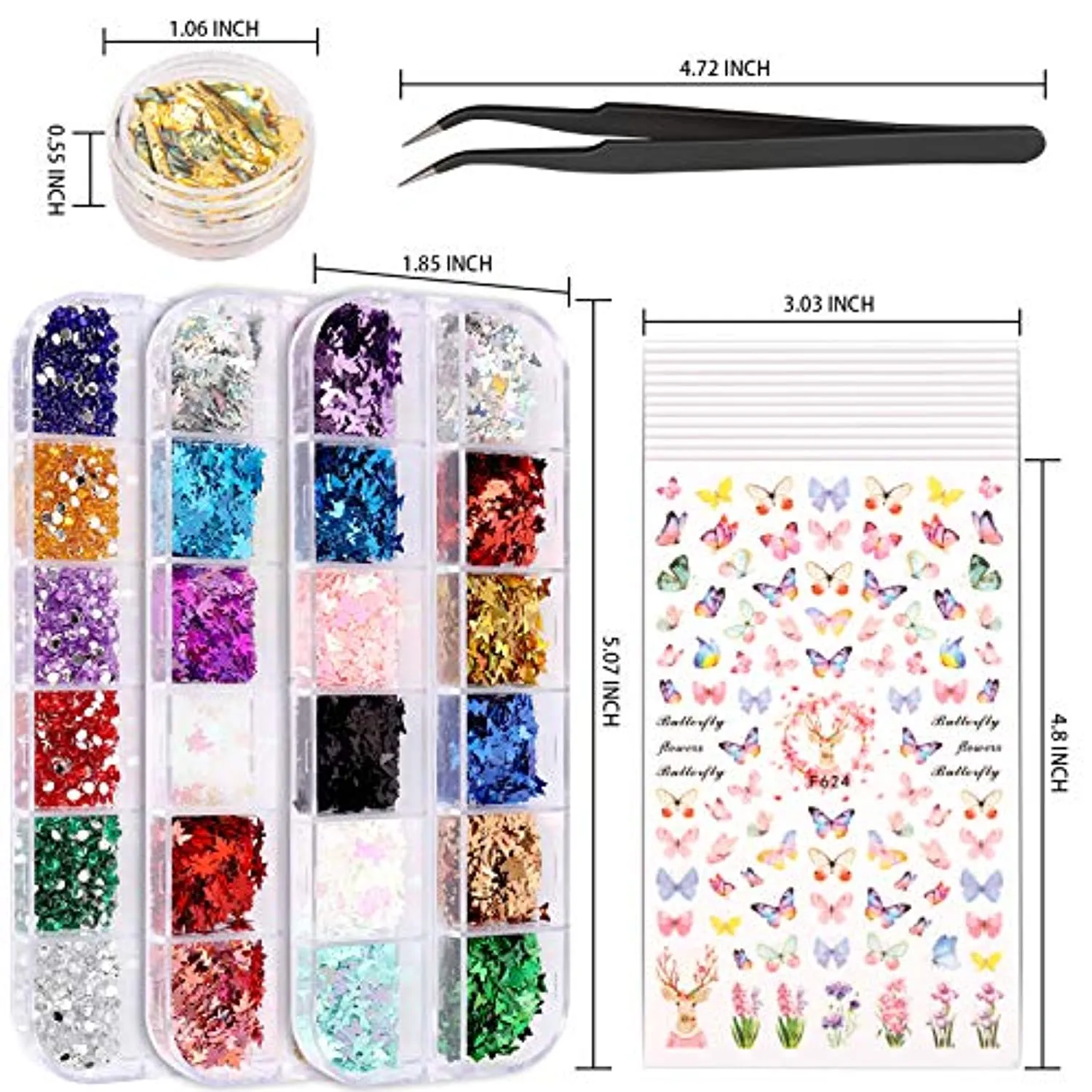 Teenitor Nail Art Decoration with 12 Sheets Nail Art Stickers for Nail Art , Butterfly Nail Foil Stickers, Nail Sequins and Rhinestones, Self-Adhesive Nail Sticker Decals for Nails Art Design
