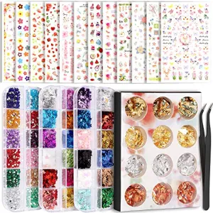 Teenitor Nail Art Decoration with 12 Sheets Nail Art Stickers for Nail Art , Butterfly Nail Foil Stickers, Nail Sequins and Rhinestones, Self-Adhesive Nail Sticker Decals for Nails Art Design