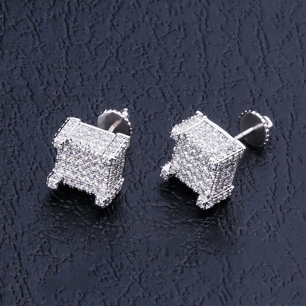The Courage® - 925 Sterling Silver Iced Square Diamond Stud Earrings for Men