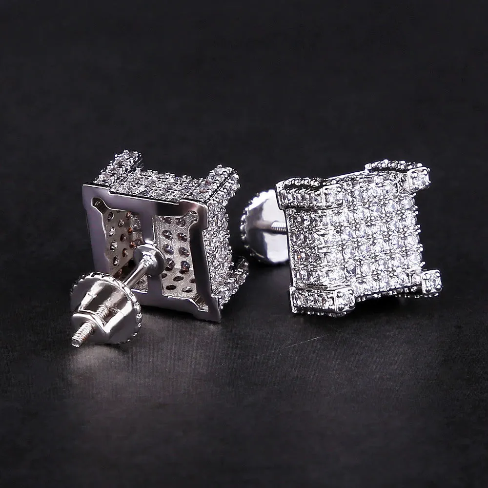 The Courage® - 925 Sterling Silver Iced Square Diamond Stud Earrings for Men