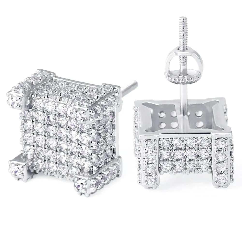The Courage® - 925 Sterling Silver Iced Square Diamond Stud Earrings for Men